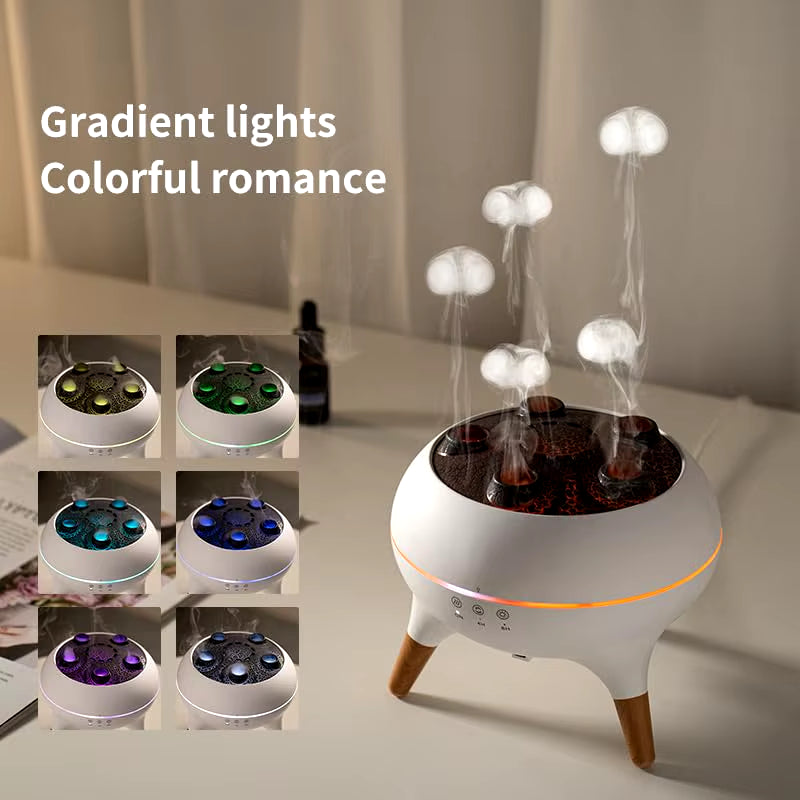 A modern air humidifier with gradient LED lights emitting mist, shown in multiple colors on a table.