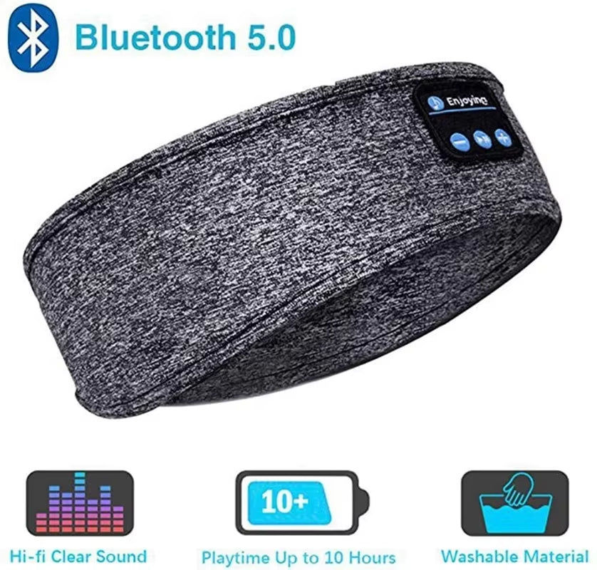 Gray Bluetooth 5.0 wireless headband with built-in speakers, washable and long battery life