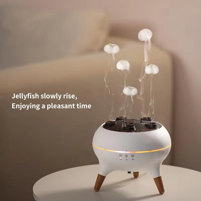 Modern humidifier with jellyfish-shaped mist, creating fresh, clean air in a cozy home setting.