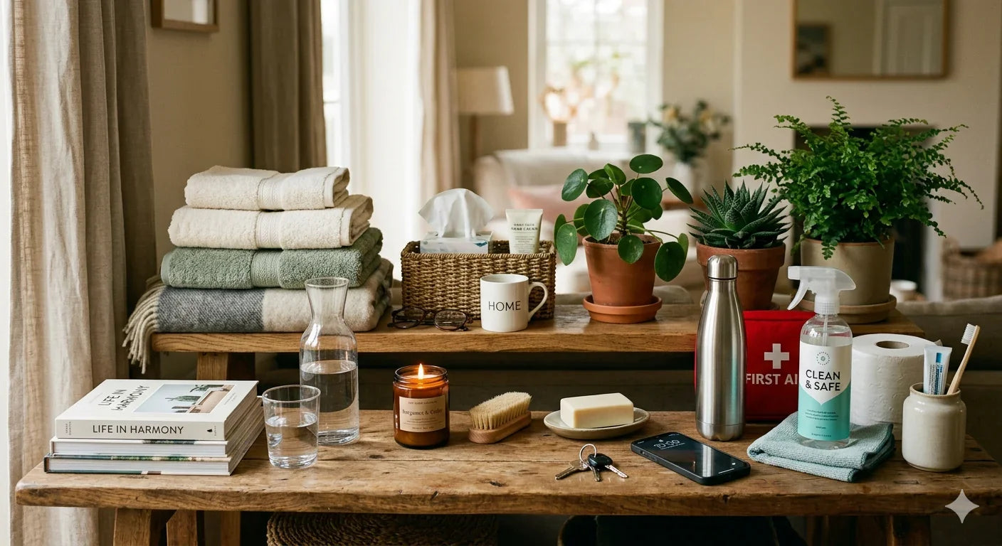 Neatly arranged home essentials including folded towels, cleaning spray, houseplants, candle, and toiletries on wooden tables in a cozy living room.