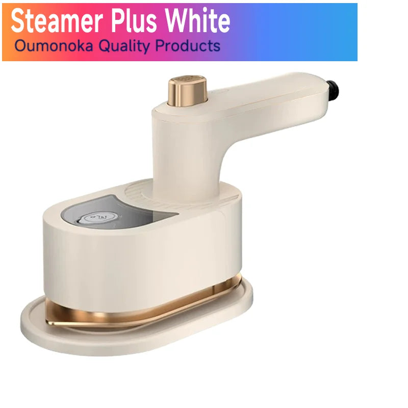 Compact white handheld steamer with gold accents for home linen cleaning and fresh air.