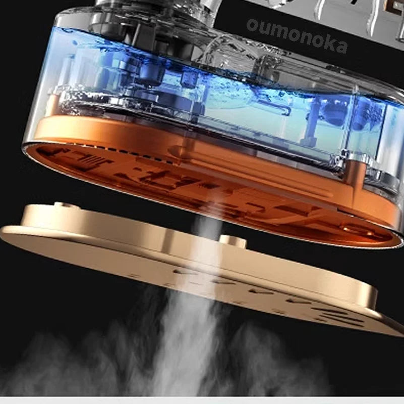 Close-up of an air purifier or humidifier releasing steam, showing water and filter components