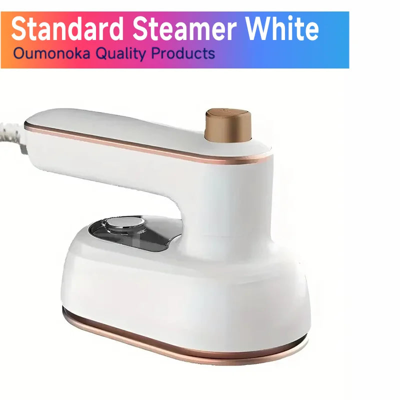 White handheld garment steamer with gold accents for home cleaning and fresh air