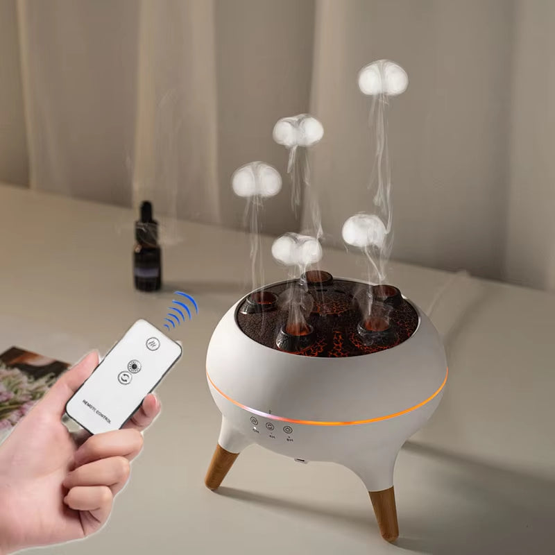 Remote-controlled air humidifier diffuser releasing visible steam on a table