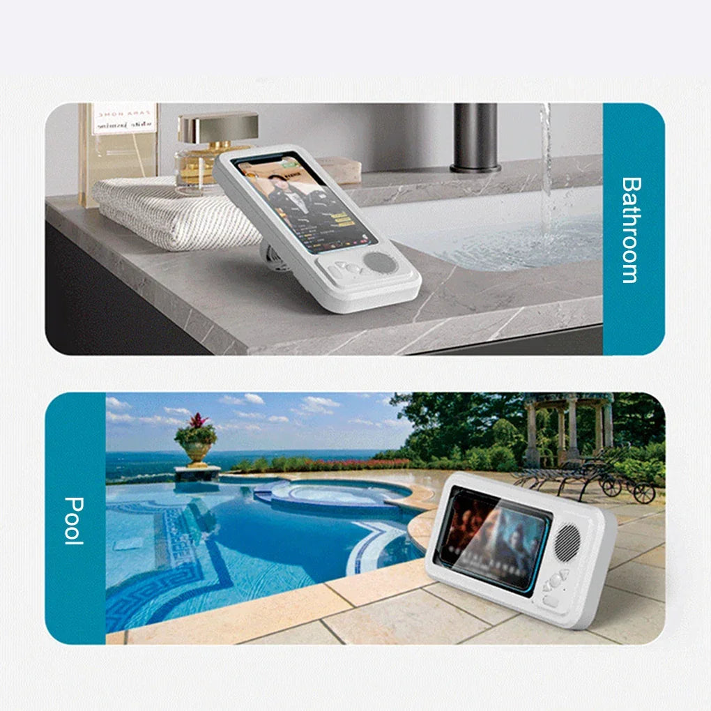Waterproof portable speaker and phone holder used in bathroom and poolside settings