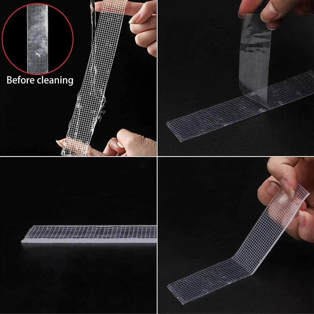 Transparent adhesive grid tape for home cleaning, shown in use on black background.