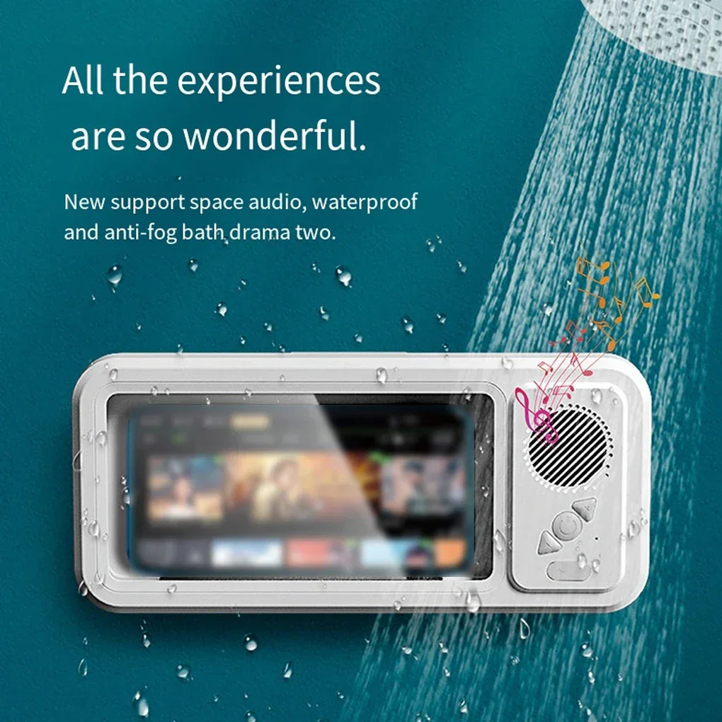 Waterproof wall-mounted phone holder with speaker and music notes under shower, bathroom accessory