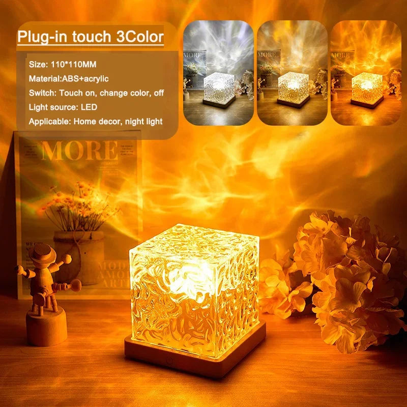 LED cube night light with touch control, decorative acrylic design on wooden table, home decor