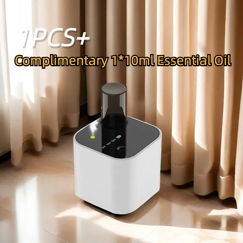 Essential oil diffuser for home with complimentary 10ml oil, placed on floor by window curtains.