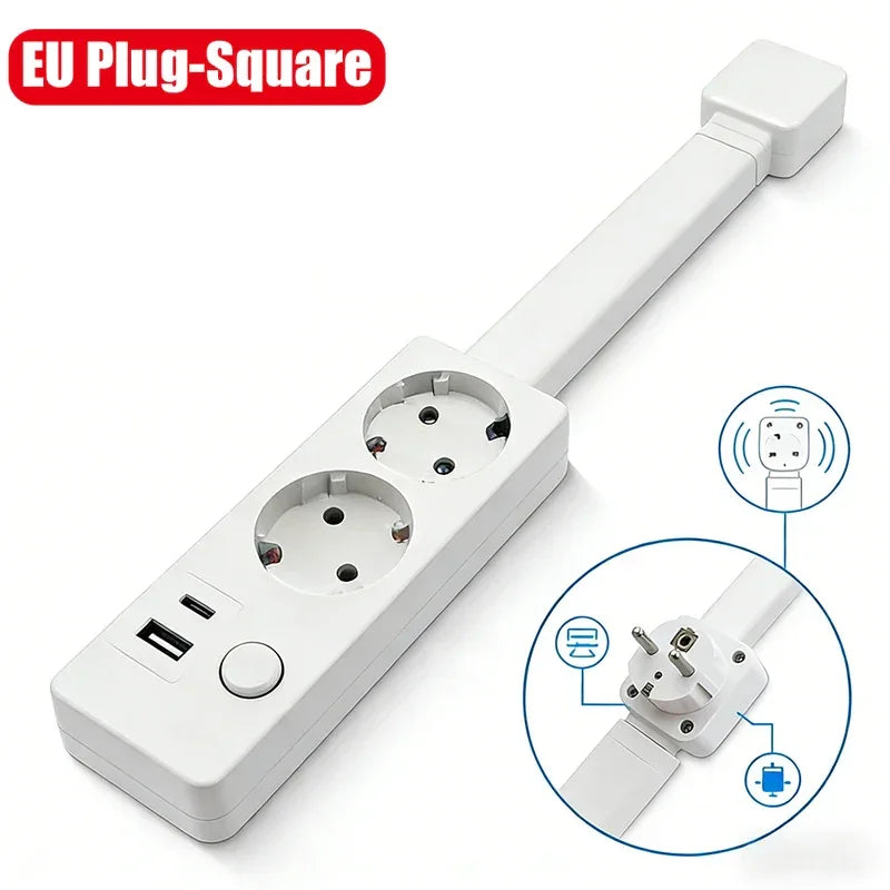 EU square plug power strip with two sockets, two USB ports, white extension for home use