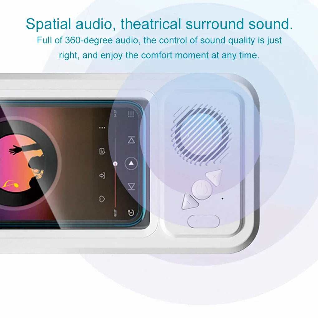 White wireless speaker with smartphone, showcasing 360-degree spatial surround sound feature.