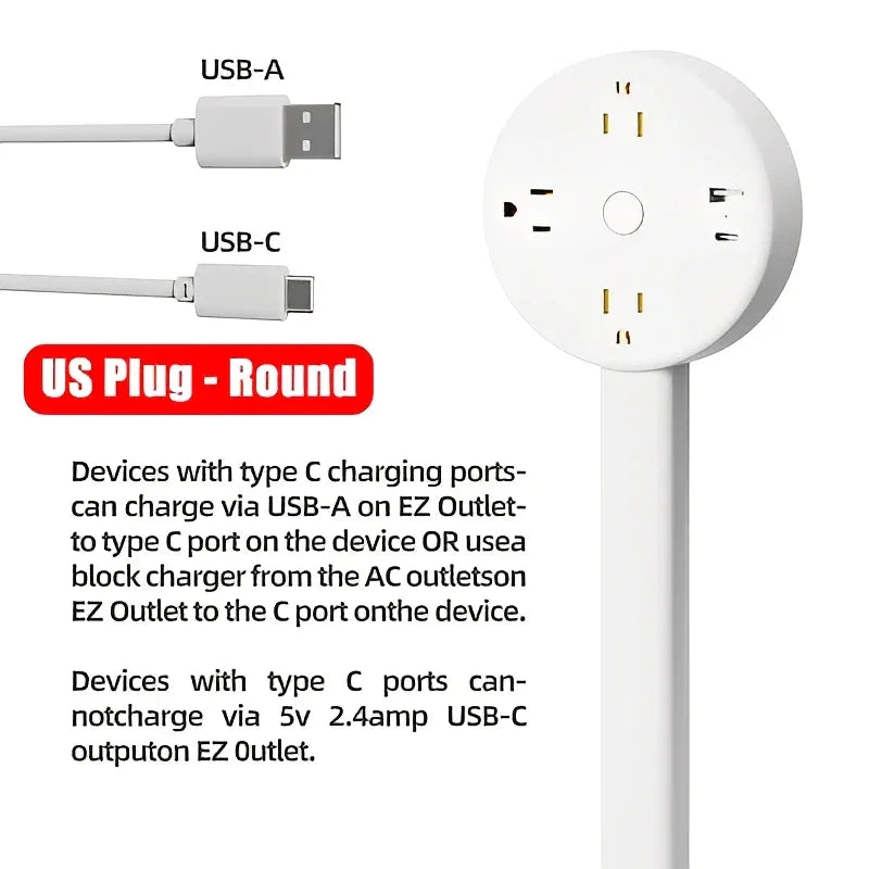 Round US plug power strip with USB-A and USB-C ports, home charging outlet adapter.