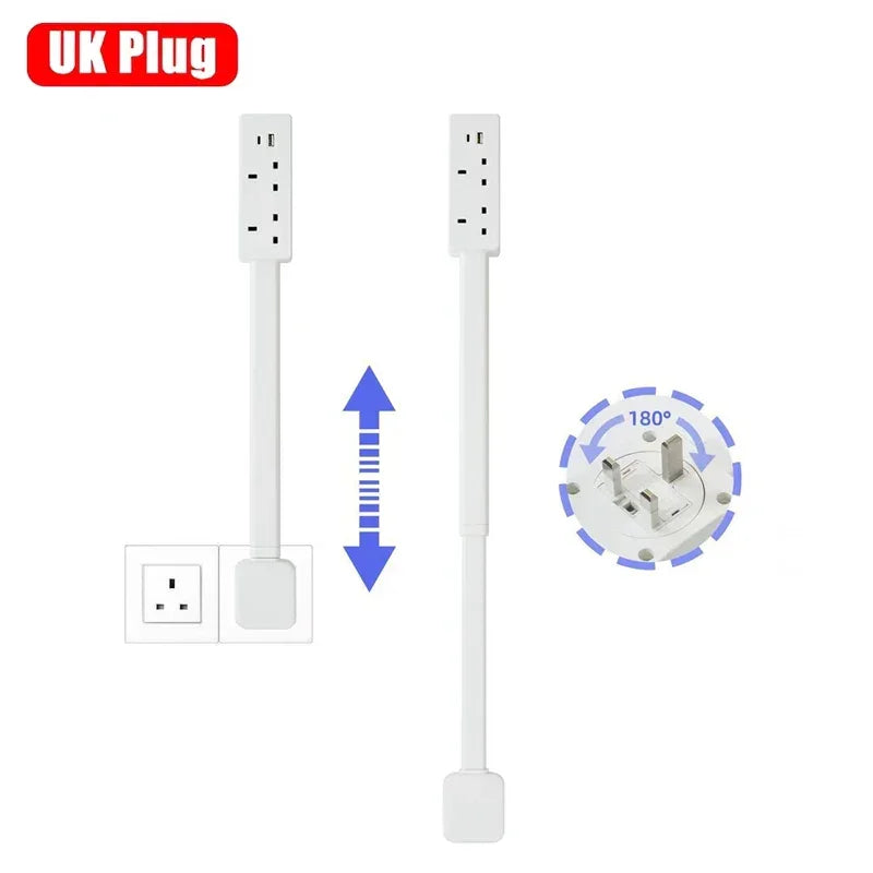 White UK plug extension cord with multiple outlets and 180-degree rotating socket feature