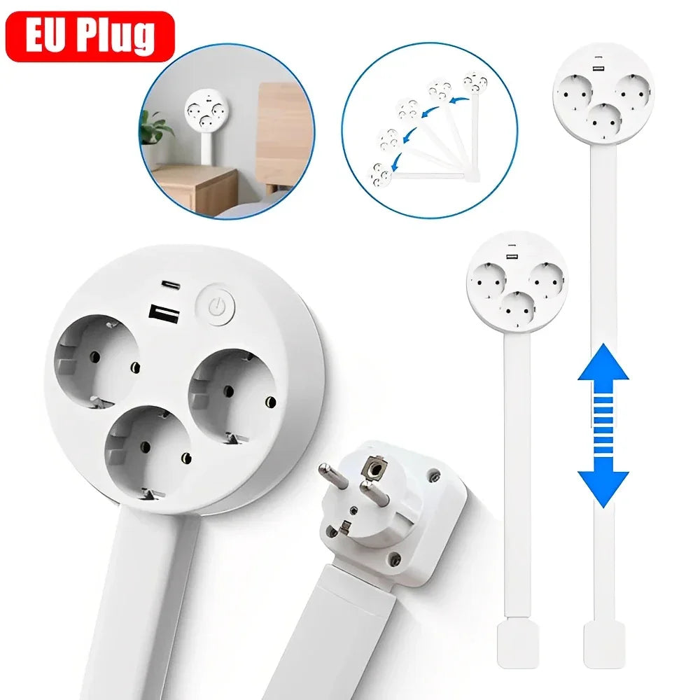 White adjustable EU plug power strip with three sockets, USB port, and power button