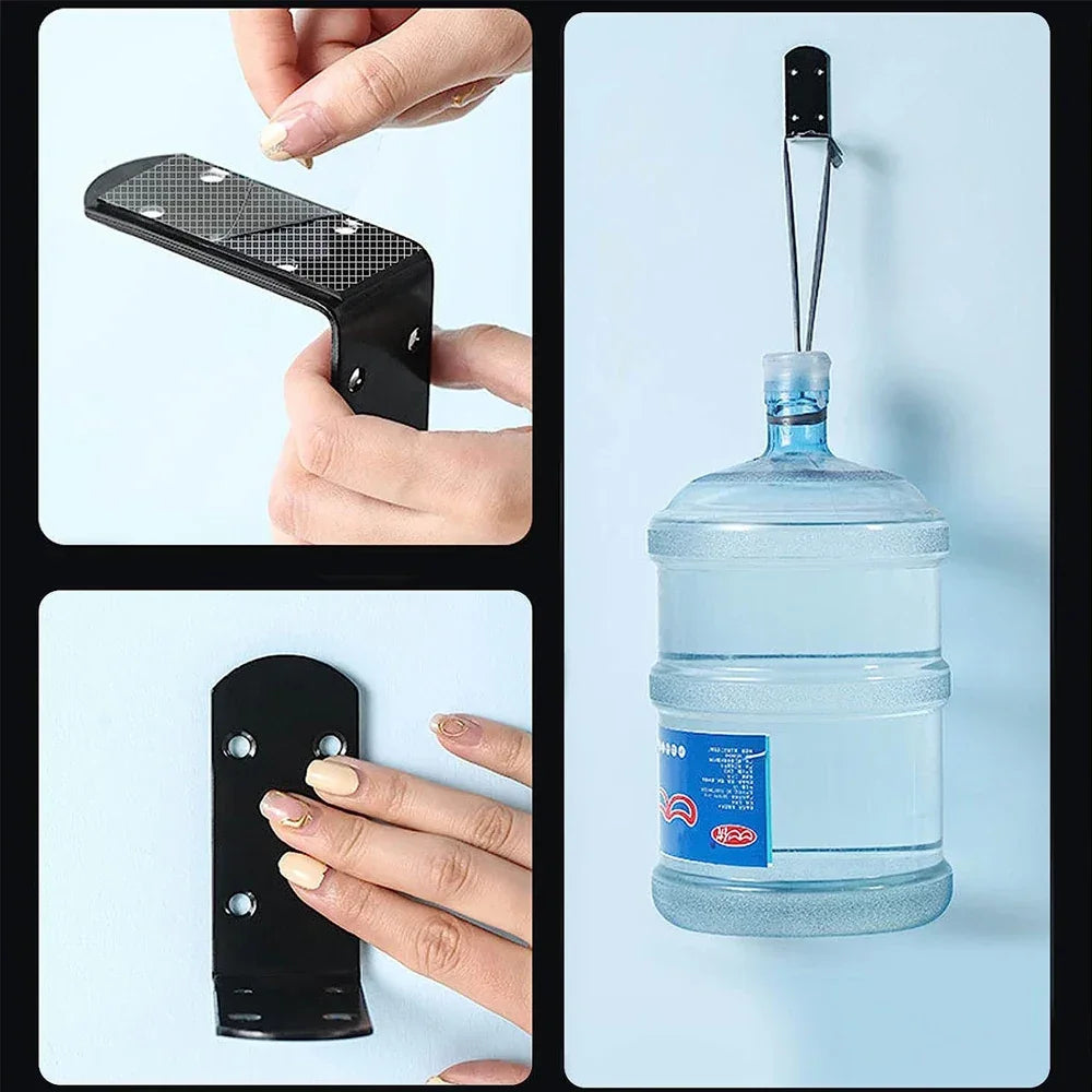 Wall-mounted metal hook installation for heavy water jug storage at home