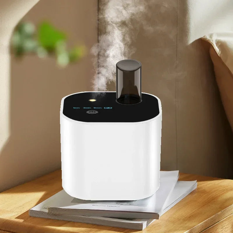 Modern white air purifier diffuser releasing mist on a wooden table in a clean home setting