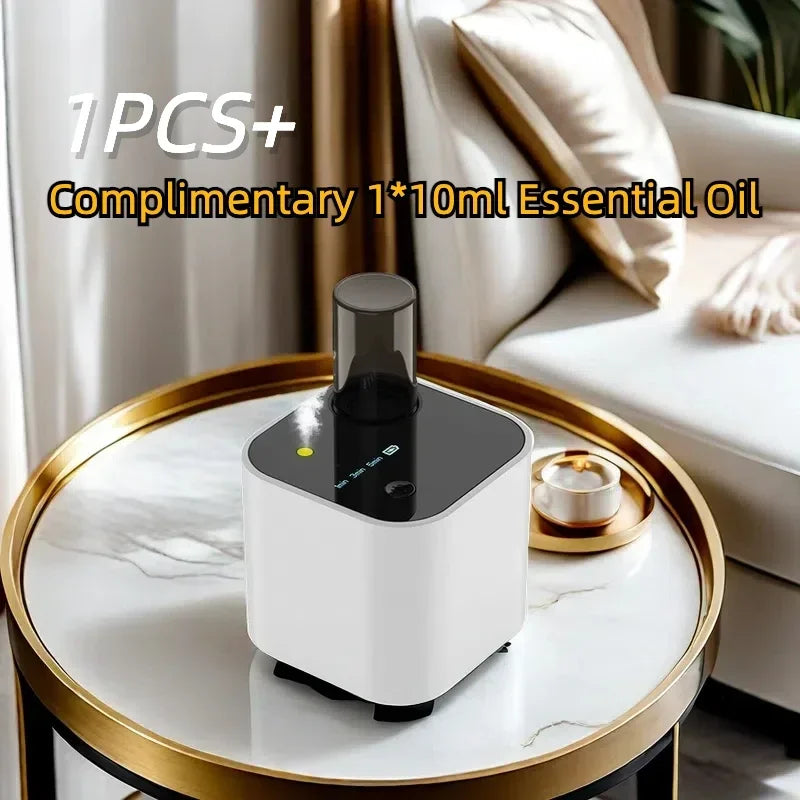 Home essential oil diffuser on marble table with modern decor for clean fresh air