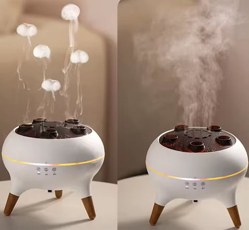Modern white air purifier or aroma diffuser releasing mist, home essential for clean air