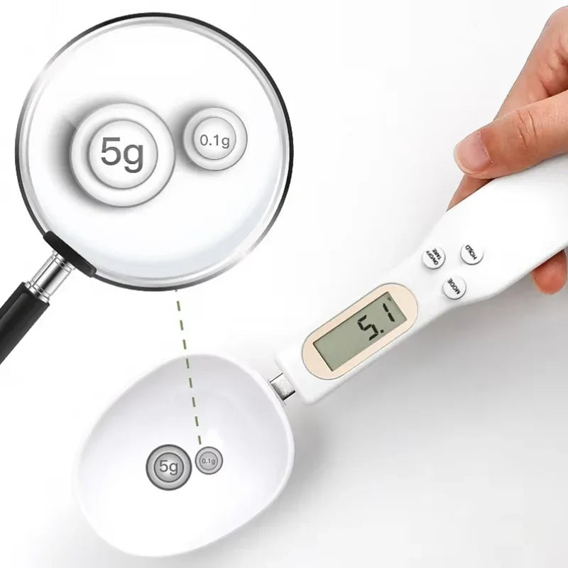 Digital measuring spoon scale showing 5.1 grams with magnifier highlighting precise measurement