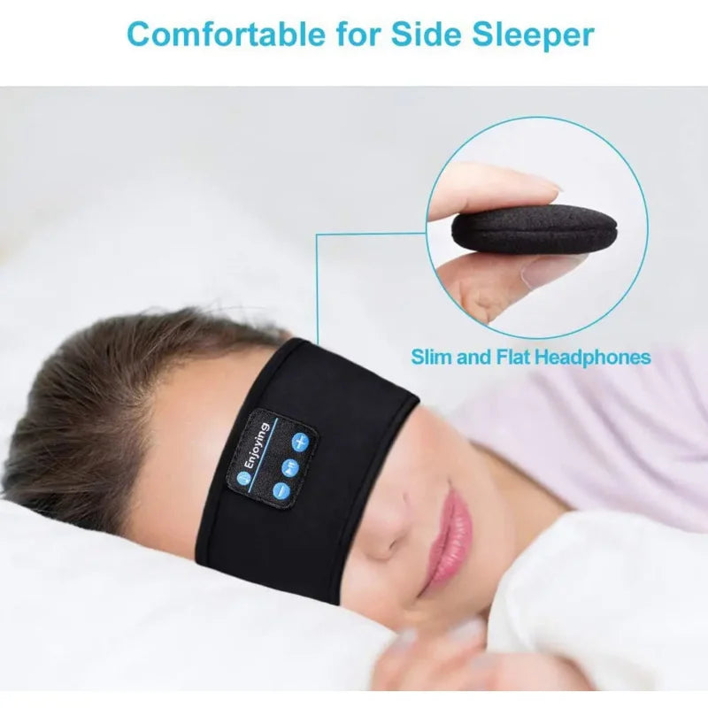 Woman using a black sleep mask with built-in slim headphones, comfortable for side sleepers.