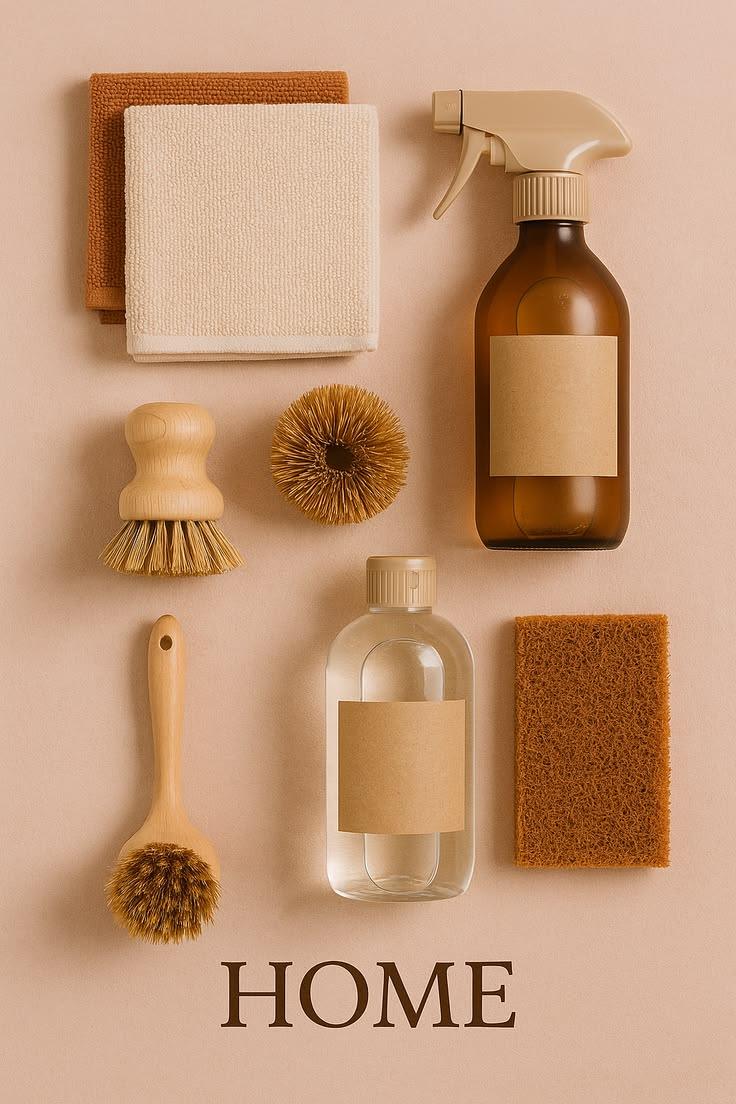 Home cleaning essentials with brushes, spray bottle, sponges, towels, and cleanser on beige background