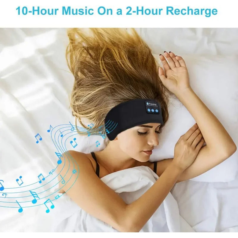 Woman sleeping with wireless Bluetooth music headband, comfortable sleep aid headphones