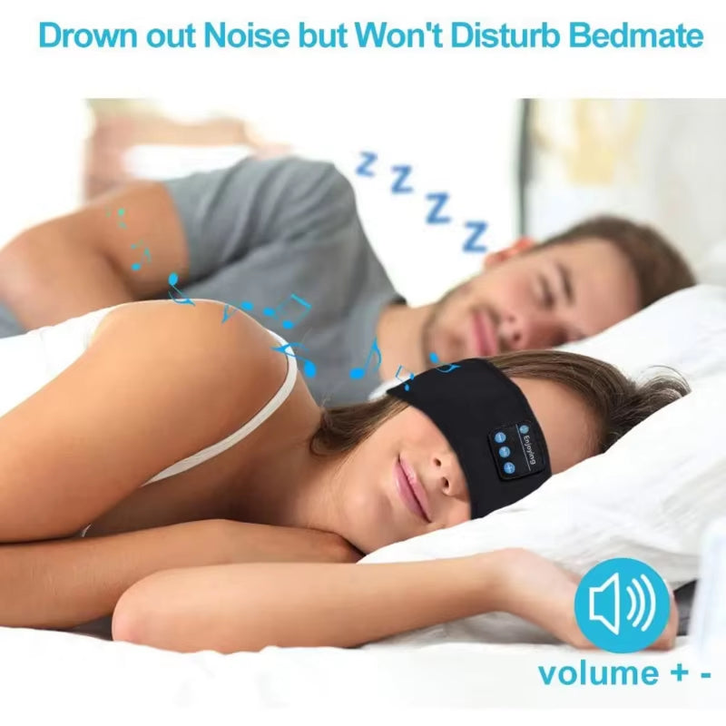 Woman sleeping with Bluetooth sleep mask headphones, noise-cancelling home essential